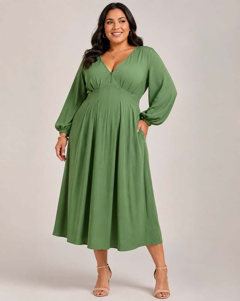S.Deer Green Long Sleeve V-Neck Midi Dress with Pleated Waist Size XXL